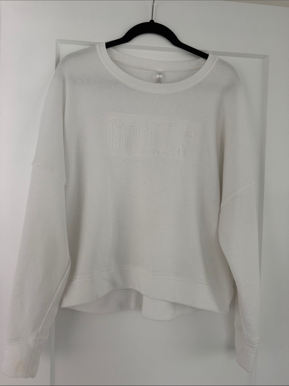 Fabletics White Crewneck Sweater with Embossed GOALS